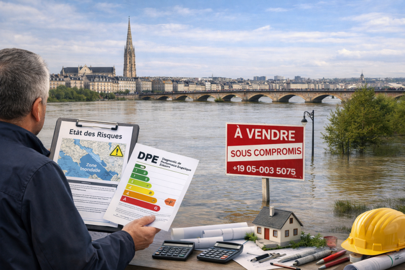 Inspecteur immobilier à Bordeaux analysant un état des risques et un DPE devant un quartier inondé, avec un panneau “À vendre sous compromis”.
